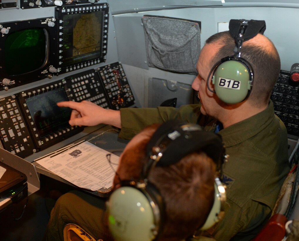 Col. Gentry Boswell, 28th Bomb Wing commander, undergoes training in a weapons systems trainer, or simulator, at the Mission Training Center at Ellsworth Air Force Base, S.D., Feb. 19, 2016. Thanks to the Sustainment Block 16 updated simulator, Ellsworth Airmen are able to train for the incoming upgraded B-1s, saving Ellsworth aircrew time and the Air Force money. (U.S. Air Force photo by Airman Donald C. Knechtel/Released)