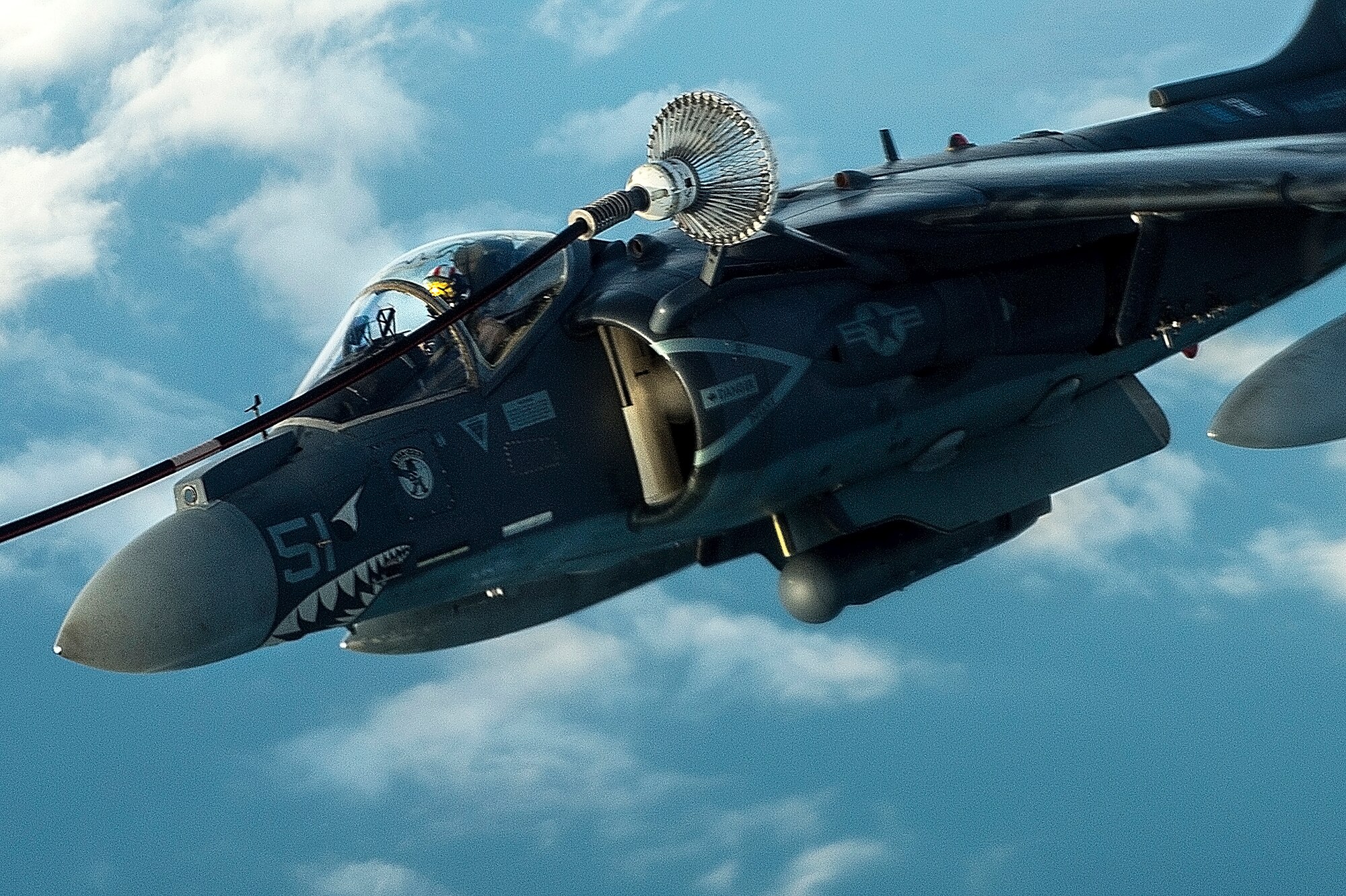 A U.S. Marine Corps AV-8B Harrier II refuels over Iraq in support of Operation Inherent Resolve, Dec. 31, 2015. The operation is the coalition intervention against the Islamic State of Iraq and the Levant. (U.S. Air Force photo by Tech. Sgt. Nathan Lipscomb)