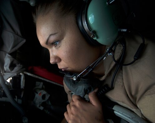 Airman 1st Class Shelby Bowling, 340th Expeditionary Air Refueling Squadron boom operator, refuels a U.S. Marine Corps AV-8B Harrier II over Iraq in support of Operation Inherent Resolve, Dec. 31, 2015. Aerial refueling extends global reach of U.S. and coalition aircraft to deliver warfighting capability.  (U.S. Air Force photo by Tech. Sgt. Nathan Lipscomb)