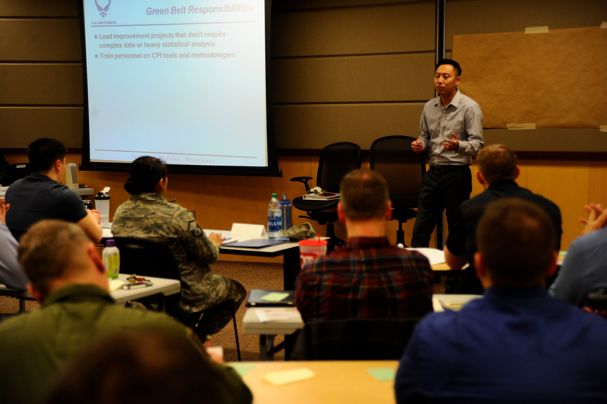 Tech. Sgt. Young Suh, continuous process improvement green belt facilitator, teaches a green belt course, Feb. 25, 2016, at McConnell Air Force Base, Kan. Once the green belt facilitators are trained, they head back to their unit to apply these problem solving techniques, helping to increase overall productivity and efficiency of the base. (U.S. Air Force photos/Airman Jenna K. Caldwell)  