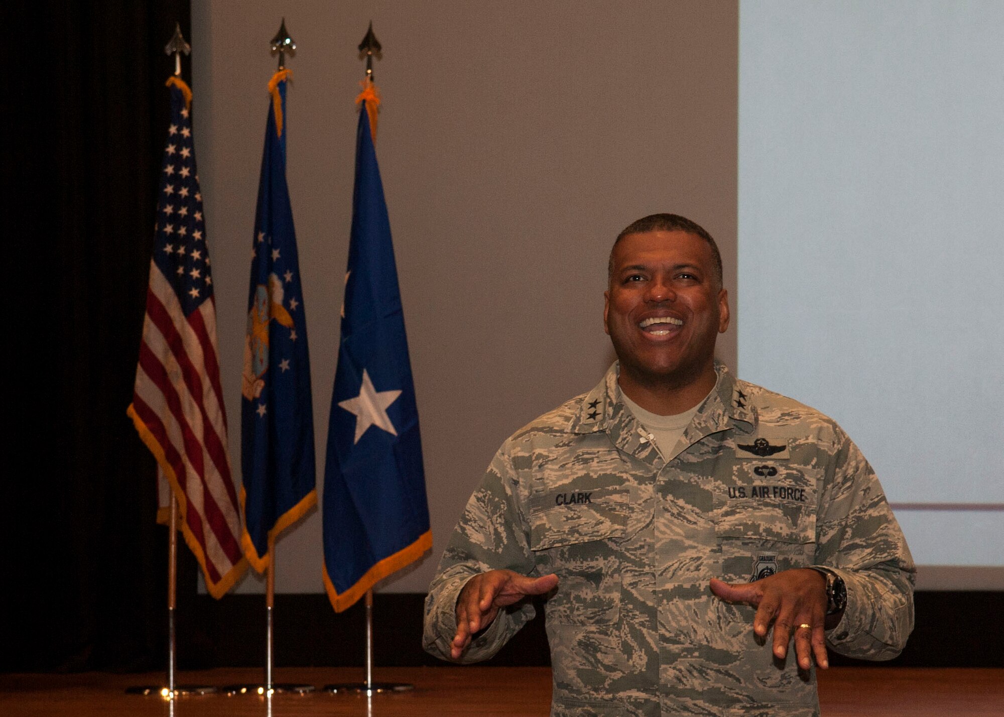 U.S. Air Force Maj. Gen. Richard M. Clark, 8th Air Force commander, speaks to Airmen of the 7th Bomb Wing during an all-call Feb. 17, 2016, at Dyess Air Force Base. Clark concluded his visit after speaking to the 7th Bomb Wing Airmen about the importance of family, the bomber Airmen ethos, perseverance, communication, leadership and teamwork. (U.S. Air Force photo by Airman First Class Katherine Miller/Released)