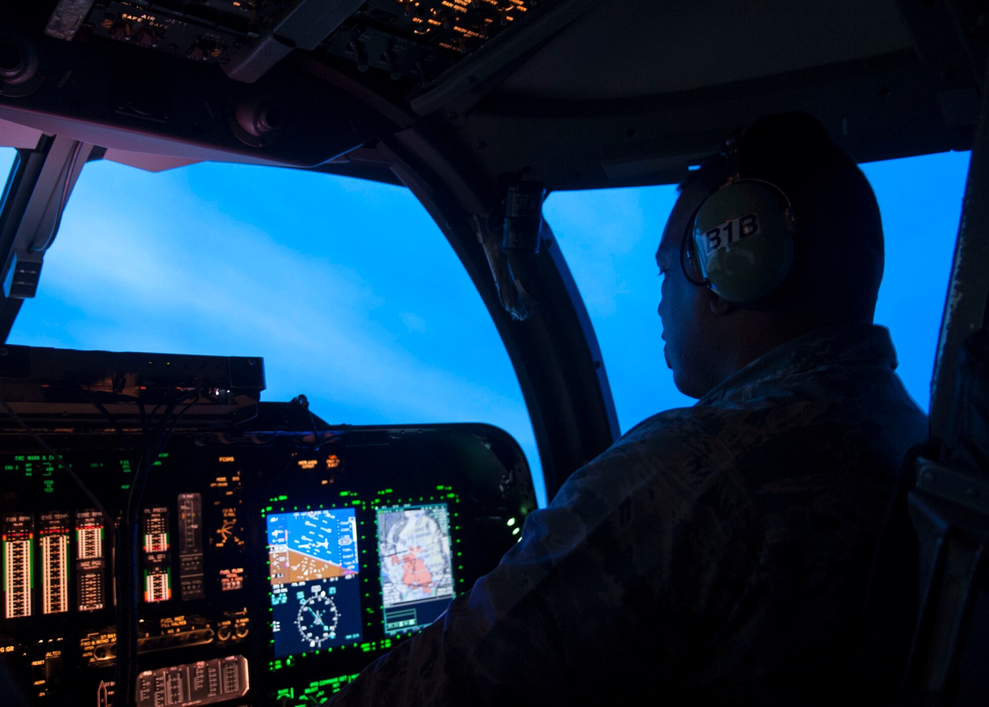 U.S. Air Force Maj. Gen. Richard M. Clark, 8th Air Force commander, takes flight in a newly retrofitted Block 16 B-1B Lancer simulator during his visit Feb. 16, 2016, at Dyess Air Force Base, Texas. Clark was previously stationed at Dyess from 1994-1997 as a B-1 Instructor Pilot for the B-1 Flight Training Unit at the 28th Bomb Squadron here. (U.S. Air Force photo by Airman First Class Katherine Miller/Released)