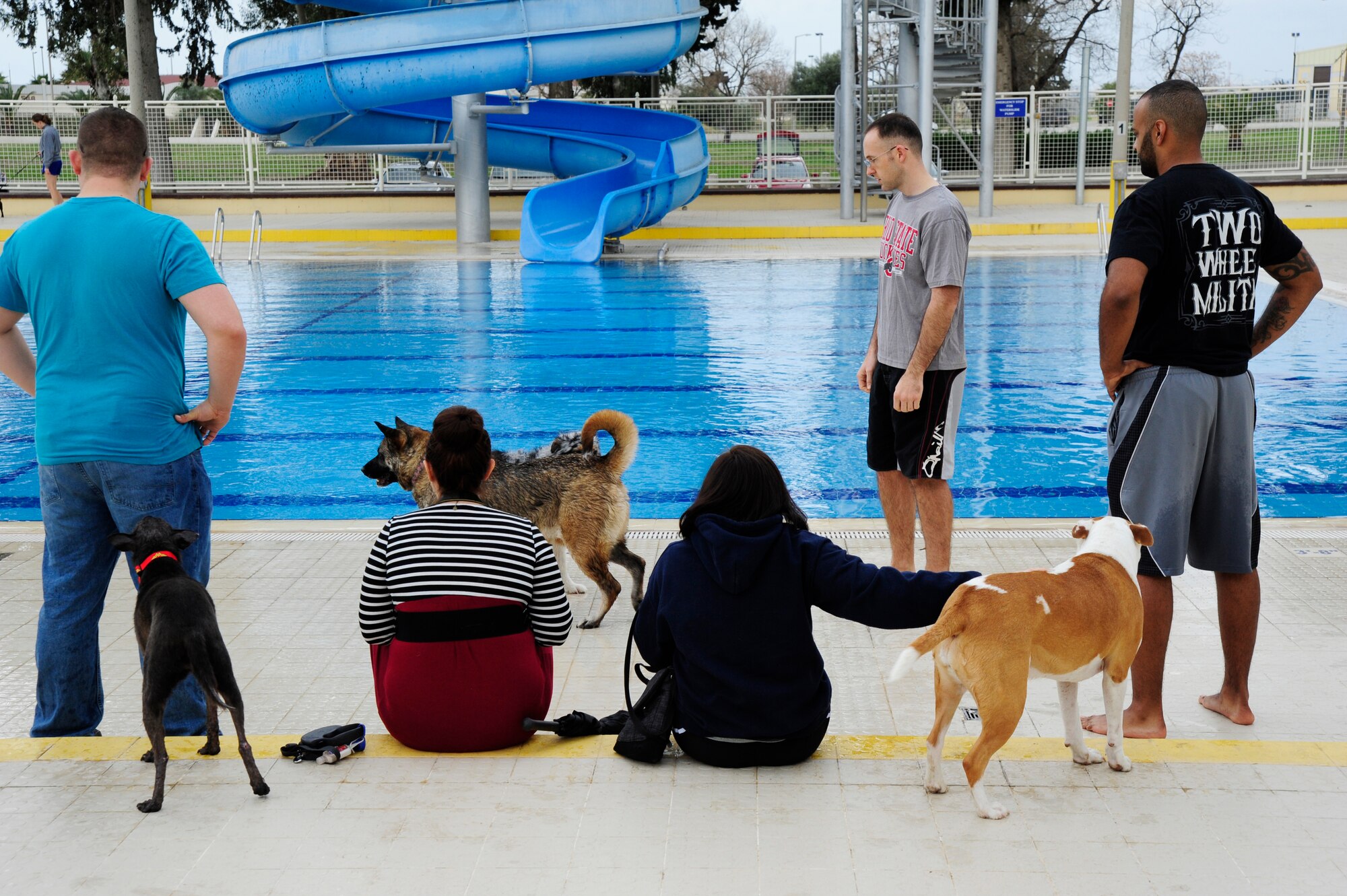 Titans relax by the base pool with their canine companions during the 2016 Dog Daze Feb. 27, 2016, at Incirlik Air Base, Turkey. Dog Daze was a pool event where Incirlik members brought their dogs to play fetch, swim and have fun before the pool opens for the spring season. (U.S. Air Force photo by Airman Daniel Lile/Released)