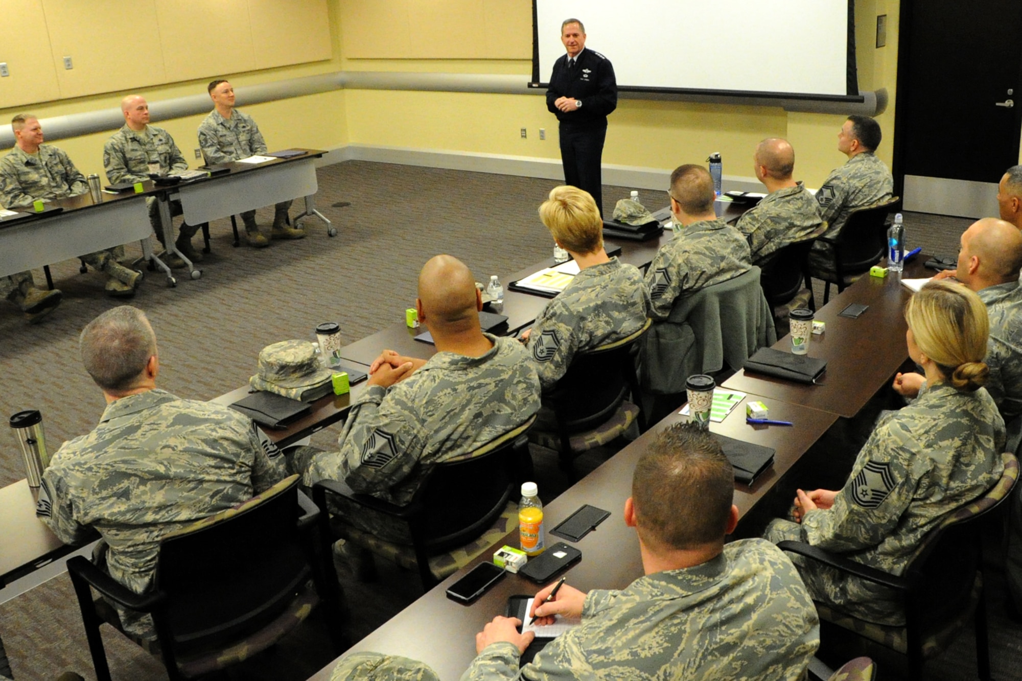 Air Force Vice Chief of Staff Gen. David L. Goldfein speaks to the newest chief master sergeants from the National Capital Region during the Air Force District of Washington’s Chief Orientation Course at Joint Base Andrews, Md., Feb. 29, 2016. Key Air Force leaders addressed the group reminding them of the increased responsibility they now have for their Airmen and the force. (U.S. Air Force photo/Tech. Sgt. Matt Davis)