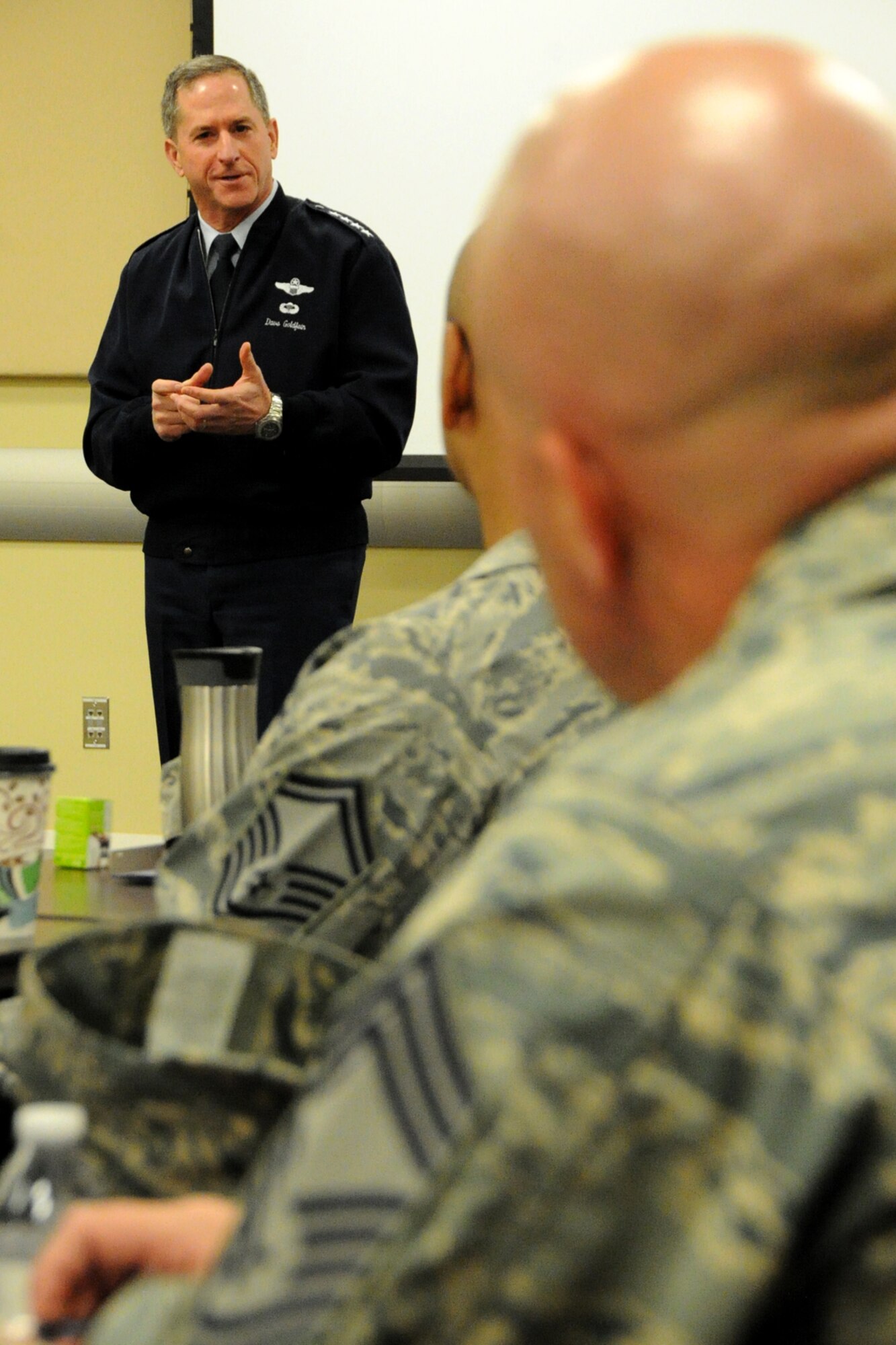 Air Force Vice Chief of Staff Gen. David L. Goldfein speaks to the newest chief master sergeants from the National Capital Region during the Air Force District of Washington’s Chief Orientation Course at Joint Base Andrews, Md., Feb. 29, 2016. Key Air Force leaders addressed the group reminding them of the increased responsibility they now have for their Airmen and the force. (U.S. Air Force photo/Tech. Sgt. Matt Davis)