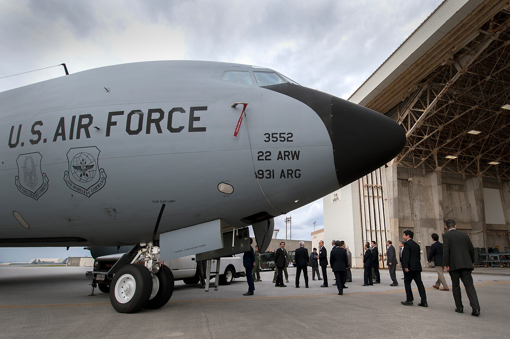 Japan-American Air Force Goodwill Association members examine a KC-135 Stratotanker during a base tour Feb. 26, 2016, at Kadena Air Base, Japan. JAAGA is an organization of Japanese leaders organized to strengthen bilateral relations between the U.S. and Japan. (U.S. Air Force photo by Airman 1st Class Corey M. Pettis)