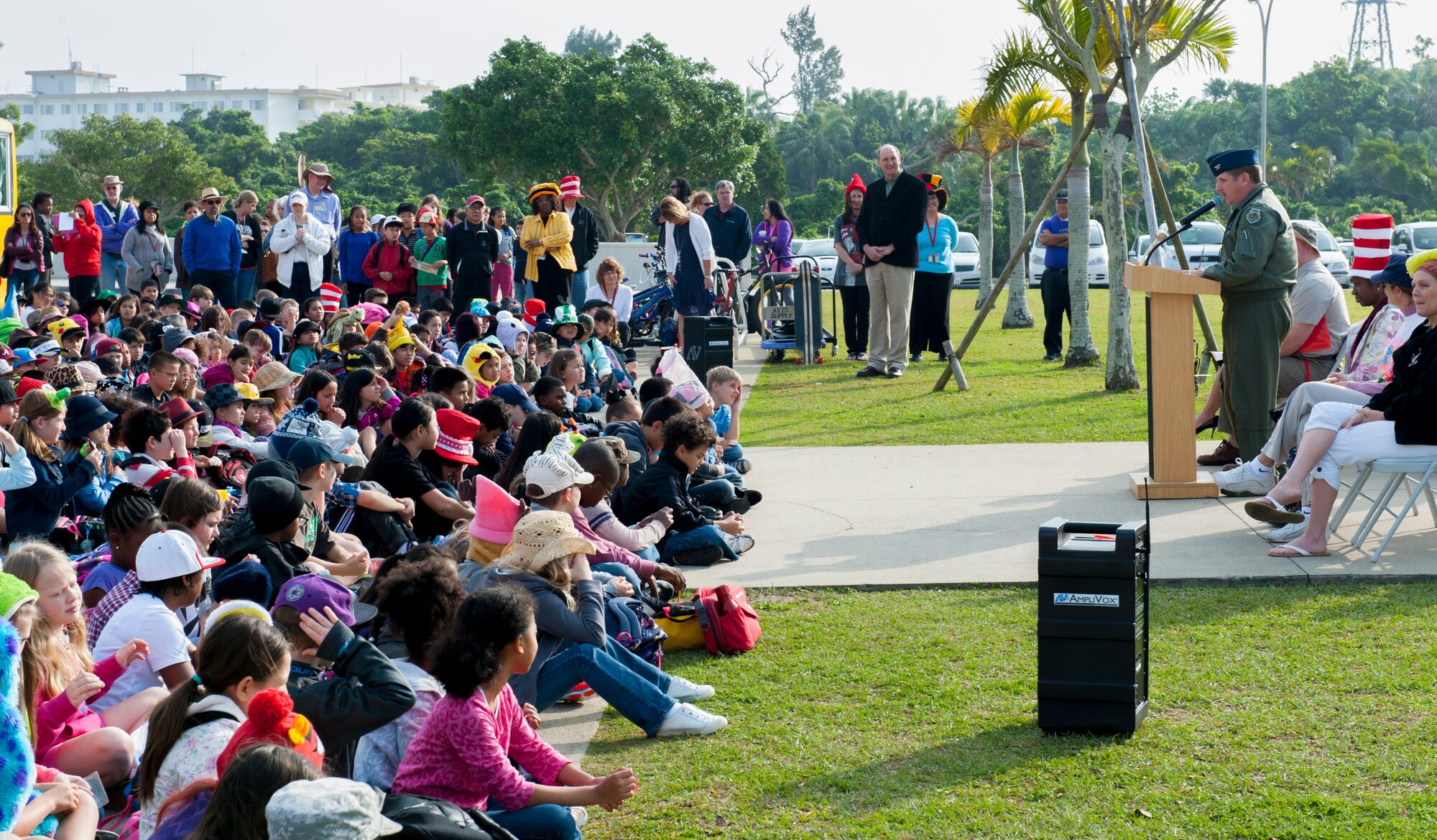 U.S. Air Force Col. Christopher Amrhein, 18th Wing vice commander, speaks to students of Amelia Earhart Intermediate School during a Read Across America event, Feb. 29, 2016, at Kadena Air Base, Japan. Read Across America is a year-round program that focuses on motivating children and teens to read through events, partnerships and reading resources. (U.S. Air Force photo by Airman Zackary A. Henry)