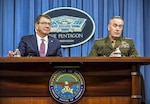 Defense Secretary Ash Carter and Marine Corps Gen. Joseph F. Dunford Jr., chairman of the Joint Chiefs of Staff, brief reporters at the Pentagon, Feb. 29, 2016. (DoD photo by Army Sgt. 1st Class Clydell Kinchen)