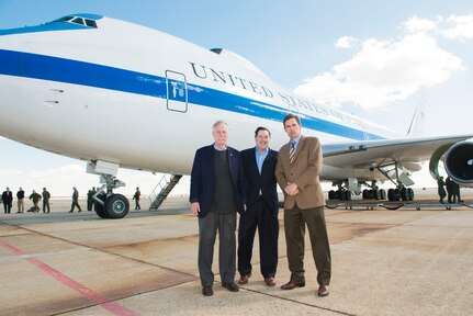 Left to right: Sens. Angus King, Joe Donnelly, and Martin Heinrich pose for a photo on the flightline at Andrews Air Force Base, Md., following a tour of the E-4B National Airborne Operations Center (NAOC) aircraft, Feb. 29, 2016. In addition to the tour, King, Donnelly, Heinrich and congressional staffers flew aboard the NAOC to learn about the capabilities of the aircraft and participated in a nuclear mission overview exercise sponsored by the Joint Staff and the Department of Defense. The NAOC provides a flying command, control and communications center for the president, secretary of defense, and the Joint Chiefs of Staff to direct U.S. forces, execute emergency war orders and coordinate actions by civil authorities. One of nine DoD unified combatant commands, USSTRATCOM has global strategic missions, assigned through the Unified Command Plan, which include strategic deterrence; space operations; cyberspace operations; joint electronic warfare; global strike; missile defense; intelligence, surveillance and reconnaissance; combating weapons of mass destruction; and analysis and targeting. (DoD photo by Army Staff Sgt. Sean K. Harp)
