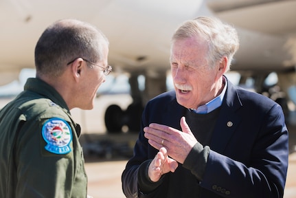 Sen. Angus King speaks to U.S. Air Force Maj. Gen. Thomas A. Bussiere, Joint Staff deputy director for nuclear, homeland defense and current operations, on the flightline at Andrews Air Force Base, Md., following a tour of the E-3B National Airborne Operations Center (NAOC) aircraft, Feb. 29, 2016. In addition to the tour, King, fellow Sens. Joe Donnelly and Martin Heinrich, and congressional staffers flew aboard the NAOC to learn about the capabilities of the aircraft and participated in a nuclear mission overview exercise sponsored by the Joint Staff and the Department of Defense. The NAOC provides a flying command, control and communications center for the president, secretary of defense, and the Joint Chiefs of Staff to direct U.S. forces, execute emergency war orders and coordinate actions by civil authorities. One of nine DoD unified combatant commands, USSTRATCOM has global strategic missions, assigned through the Unified Command Plan, which include strategic deterrence; space operations; cyberspace operations; joint electronic warfare; global strike; missile defense; intelligence, surveillance and reconnaissance; combating weapons of mass destruction; and analysis and targeting. (DoD photo by Army Staff Sgt. Sean K. Harp)
