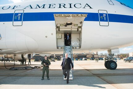 Sen. Angus King departs the E-4B National Airborne Operations Center (NAOC), following a tour of the aircraft at Andrews Air Force Base, Md., Feb. 29, 2016. In addition to the tour, King, fellow Sens. Joe Donnelly and Martin Heinrich, and congressional staffers flew aboard the NAOC to learn about the capabilities of the aircraft and participated in a nuclear mission overview exercise sponsored by the Joint Staff and the Department of Defense. The NAOC provides a flying command, control and communications center for the president, secretary of defense, and the Joint Chiefs of Staff to direct U.S. forces, execute emergency war orders and coordinate actions by civil authorities. One of nine DoD unified combatant commands, USSTRATCOM has global strategic missions, assigned through the Unified Command Plan, which include strategic deterrence; space operations; cyberspace operations; joint electronic warfare; global strike; missile defense; intelligence, surveillance and reconnaissance; combating weapons of mass destruction; and analysis and targeting. (DoD photo by Army Staff Sgt. Sean K. Harp)