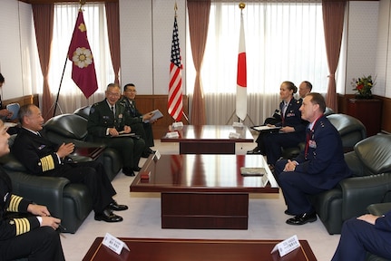 U.S. Air Force Maj. Gen. Clinton E. Crosier, U.S. Strategic Command (USSTRATCOM) director of plans and policy (front right), conducts an office call with Japanese Maritime Self-Defense Force Adm. Katsutoshi Kawano, Japanâ€™s Joint Staff chief of staff (front left), and Japanese Ground Defense Force Maj. Gen. Takayuki Onozuka, Japanâ€™s Joint Staff Defense Plans and Policy Department director general (left center), at Japanâ€™s Ministry of Defense (MOD) Headquarters in Tokyo, Japan, Feb. 29, 2016. While there, Crosier met with Kawano, Onozuka and other leaders to discuss space, cyber, and missile defense as part of an ongoing collaborative effort by USSTRATCOM and Japanâ€™s MOD to continue growing their partnership. He also toured Japan Aerospace Exploration Agency (JAXA) facilities to review the progress on JAXA's ability to integrate with USSTRATCOMâ€™s Joint Space Operations Center (JSpOC) and to improve on Japanese sensor integration. One of nine DoD unified combatant commands, USSTRATCOM has global strategic missions, assigned through the Unified Command Plan, which include strategic deterrence; space operations; cyberspace operations; joint electronic warfare; global strike; missile defense; intelligence, surveillance and reconnaissance; combating weapons of mass destruction; and analysis and targeting.  (Photo courtesy of Japan Ministry of Defense)