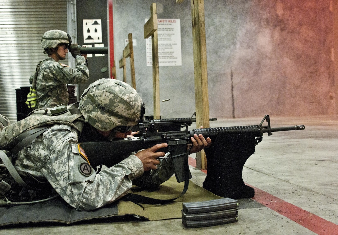 A 5.56 mm shell casing flies as Army Sgt. Jessie P. Conlu, an Antique, Philippines, native serving as a transportation management coordinator assigned to the 520th Movement Control Team, fires his M16 rifle downrange during a weapons qualification event held Jan. 24, 2015, at the Combat Arms Training Facility in Patrick Air Force Base, Fla. The 641st Regional Support Group, an Army Reserve transportation and logistics command based in St. Petersburg, Fla., coordinated with the Air Force to use this $8.5 million facility to train and qualify hundreds of its soldiers participating in Operation Responsive Sentinel, a multi-echelon training exercise designed to test the command’s readiness and capabilities from the RSG to the individual Soldier level. (U.S. Army Photo by Army Sgt. John L. Carkeet IV, 143rd Sustainment Command (Expeditionary))
