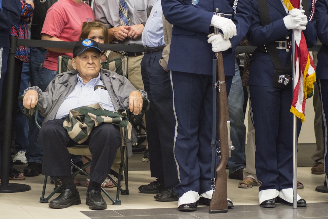 Former U.S. Army Air Corps Staff Sgt. Gene Tabbot, who served in China, Burma and India during World War II, waits among the crowd to welcome home an Honor Flight of WWII and Korean war veterans in the Greenville-Spartanburg International Airport, S.C., April 21, 2015. Tabbot took an Honor Flight in 2009 and enjoyed it so much he’s made it a point to welcome home every Honor Flight he can. (U.S. Army Photo by Sgt. Ken Scar)