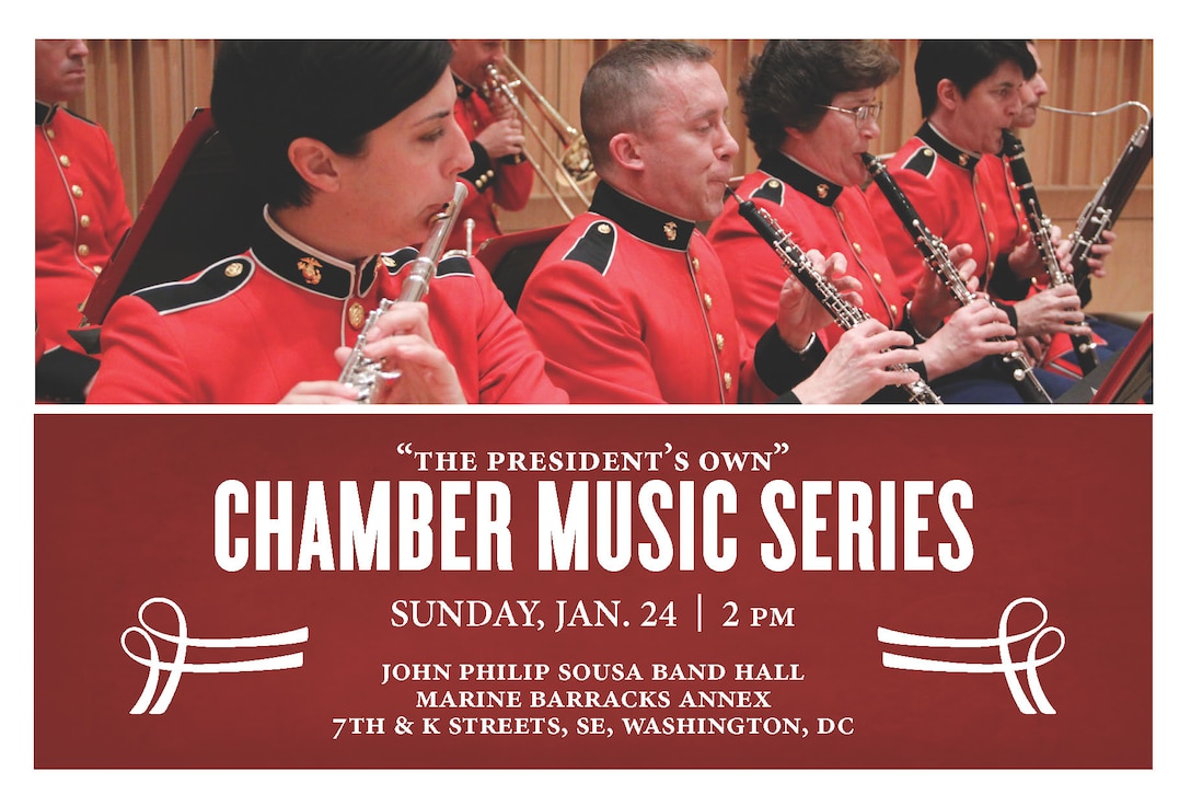 January 24, 2015 at 2 p.m. EST - Coordinated by trumpeter/cornetist Staff Sgt. James McClarty, this concert will feature several different ensembles formed by members of “The President’s Own,” and will include the world première of Overture for Euphoniums and Tubas by Marine Band clarinetist Staff Sgt. Parker Gaims. The concert will held at John Philip Sousa Hall at the Marine Barracks Annex in Washington, D.C. and is free with no tickets required. The concert will be streamed live at www.marineband.marines.mil.
