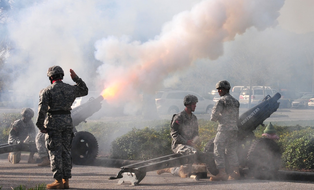 Soldiers of the 1st Battalion, 10th Field Artillery Regiment, 3rd Infantry Division conduct a cannon salute during the Army Reserve Medical Command change of command ceremony held Sept. 26, 2015, at the C.W. Bill Young Armed Forces Reserve Center in Pinellas Park, Fla. After the cannon salute, 1st Lt. Mario Mendez, the officer in charge of the salute battery, presented Maj. Gen. Bryan R. Kelly, the outgoing ARMEDCOM commander, with the last shell fired in honor of his long and distinguished service to the Army Reserve. Kelly is retiring, after 26 years of military service and plans to spend more time with his family and continue his civilian career as a clinical psychologist near his hometown of East Sandwich, Mass.