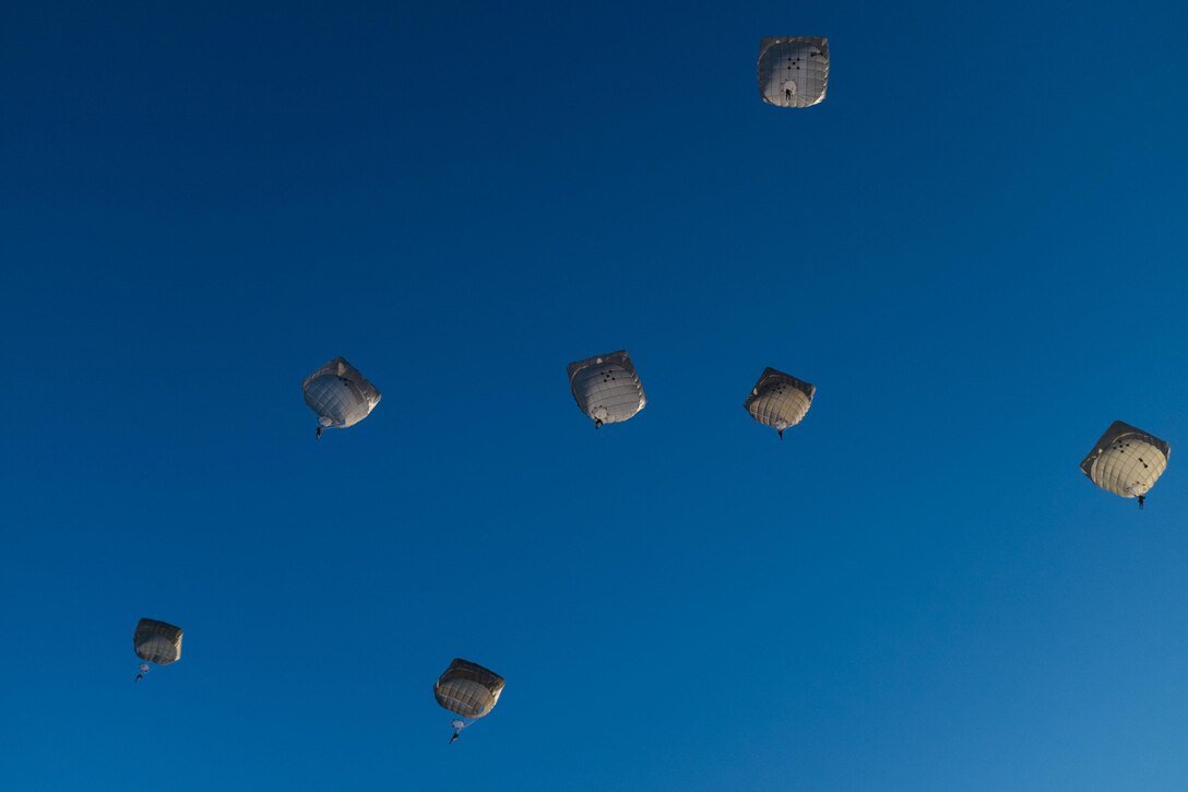 U.S. Army paratroopers fill the sky at Sicily Drop Zone for the 18th Annual Randy Oler Memorial Operation Toy Drop, hosted by U.S. Army Civil Affairs & Psychological Operations Command (Airborne), Dec. 5, 2015, at Fort Bragg, N.C. Operation Toy Drop is the world’s largest combined airborne operation and allows Soldiers the opportunity to help children in need everywhere receive toys for the holidays. (U.S. Army photo by Timothy L. Hale/Released)