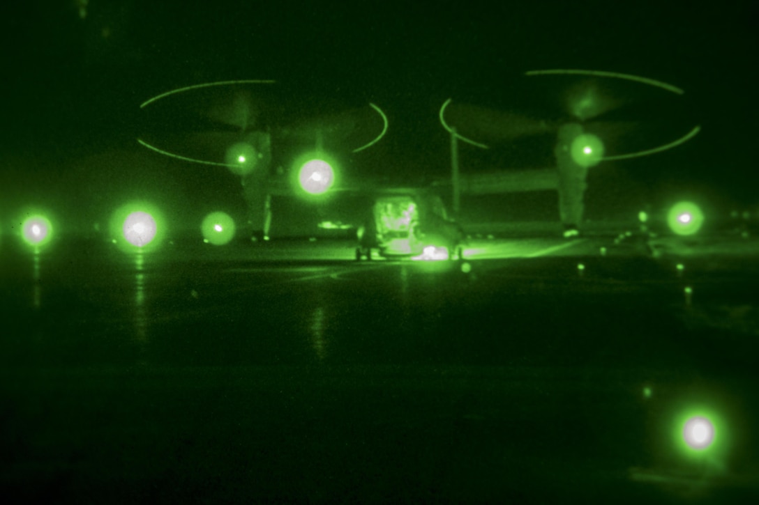 A U.S. Marine Corps MV-22 Osprey prepares for operations on a landing zone during a tactical exercise to recover aircraft and personnel exercise at an undisclosed location in Southwest Asia, Dec. 28, 2015. The Osprey is assigned to Special Purpose Marine Air-Ground Task Force-Crisis Response Central Command. U.S. Marine Corps photo by Lance Cpl. Clarence Leake