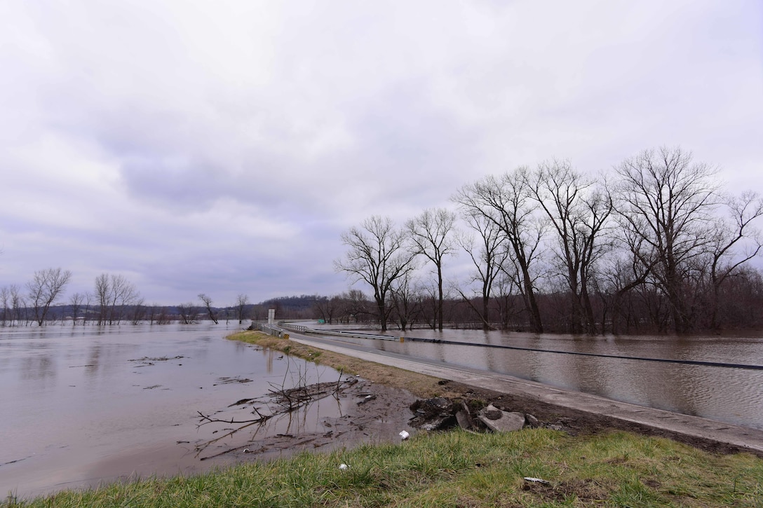Flood waters from the Mississippi River cover Missouri State Highway 51 between McBride, Mo., and Chester, Ill., Jan. 1, 2016. Missouri National Guard photo