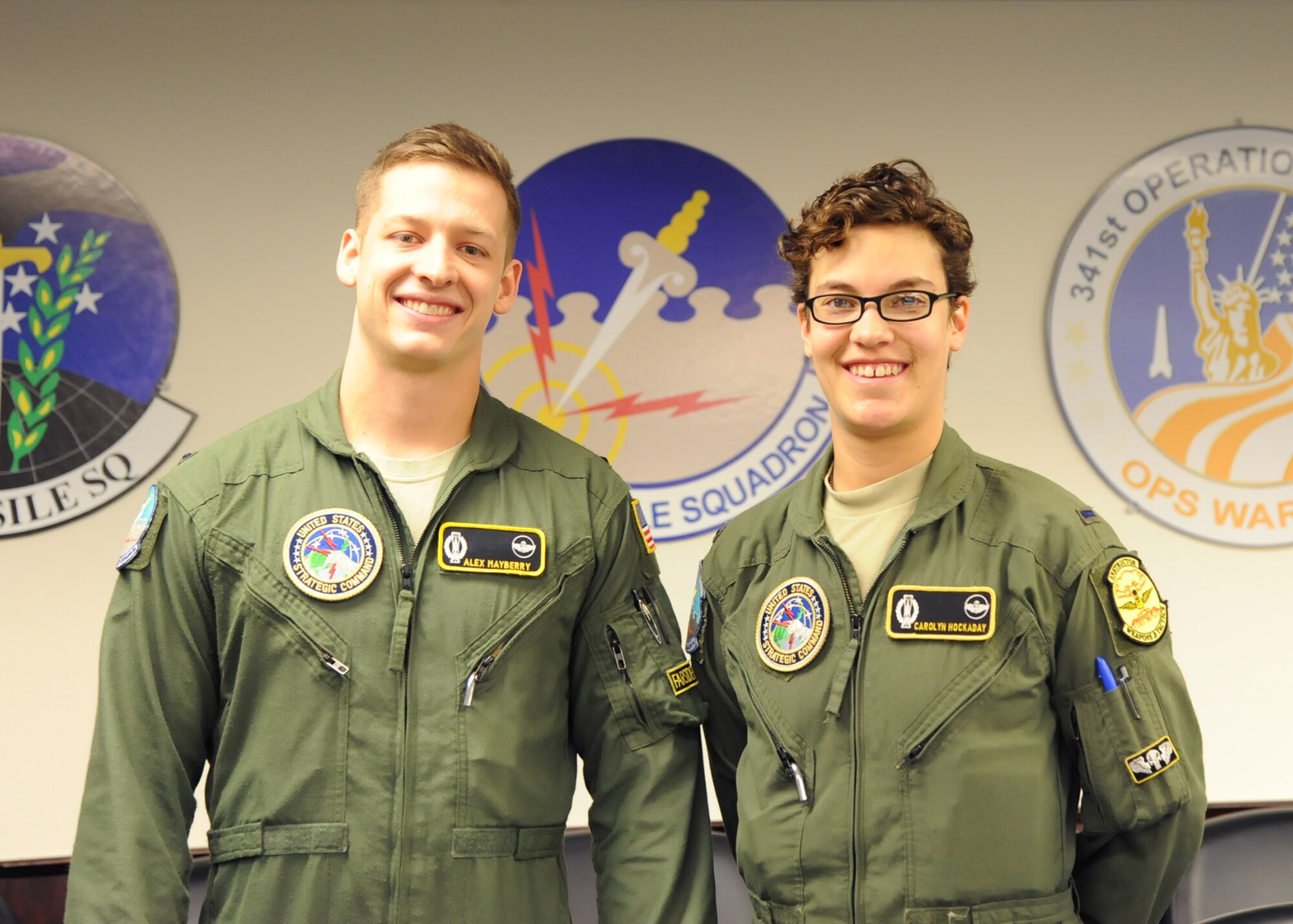 Air Force 1st Lt. Alex Mayberry, left, and 1st Lt. Carolyn Hockaday, from the 490th Missile Squadron, Malmstrom Air Force Base, Mont., are photographed before posting to the missile field to pull an alert Dec. 31, 2015. (U.S. Air Force photo by Christy Mason)