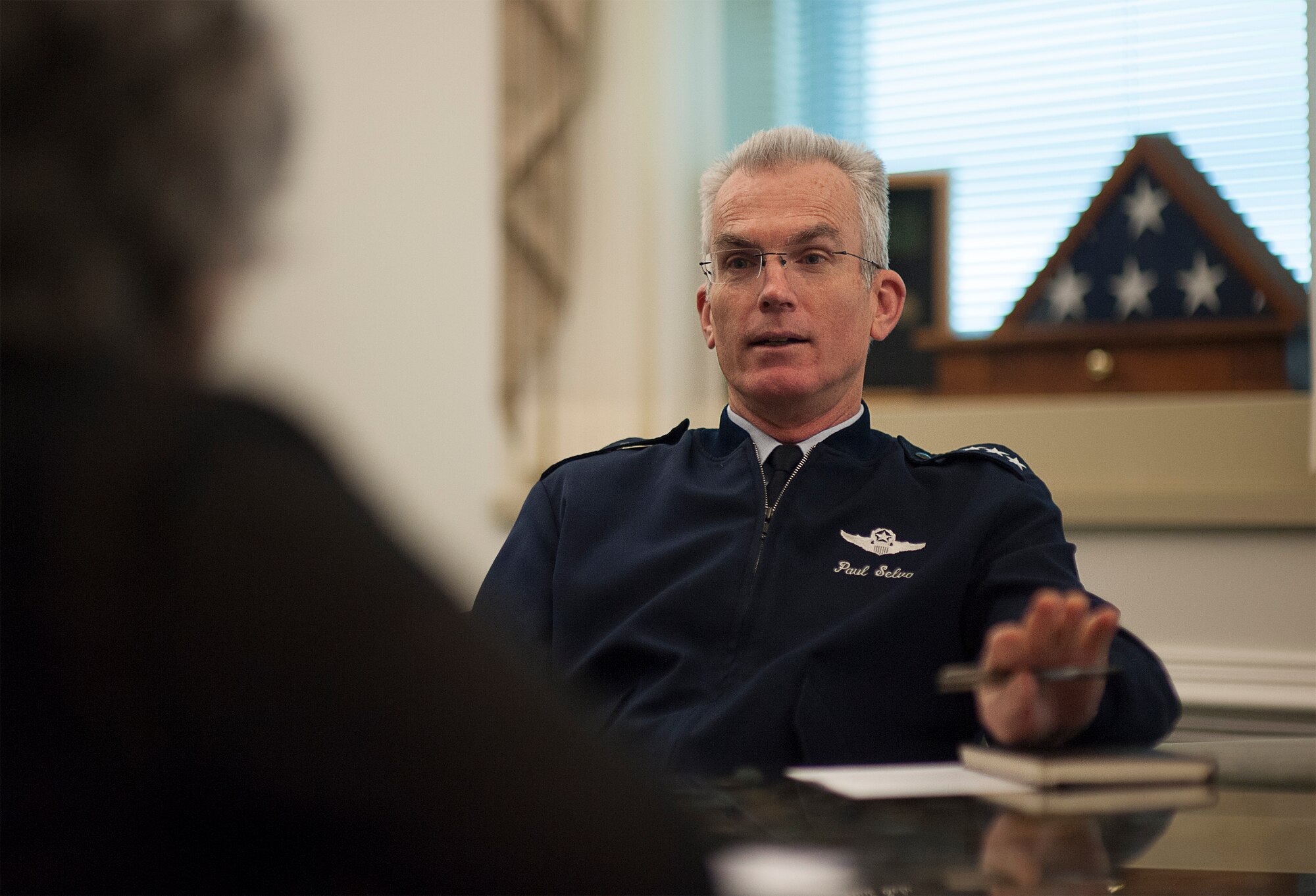 Air Force Gen. Paul J. Selva, vice chairman of the Joint Chiefs of Staff, speaks Dec. 29, 2015, about New Year's Eve phone calls with airmen on watch at the nation's three intercontinental ballistic missile bases. During the phone calls, Selva recognized the airmen for their professionalism and highlighted the importance of their roles in maintaining the safety, security and reliability of the nation's nuclear triad. (U.S. Navy Petty Officer 2nd Class Dominique A. Pineiro)