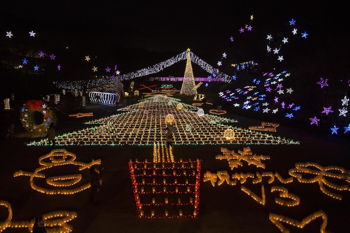 Station residents from Marine Corps Air Station Iwakuni, Japan, visited the Hiroshima Botanical Garden in Hiroshima City for a Christmas lighting event Dec. 23, 2015. After lights illuminated the garden, visitors walked on an elevated platform to view the grand Christmas tree display formed below.