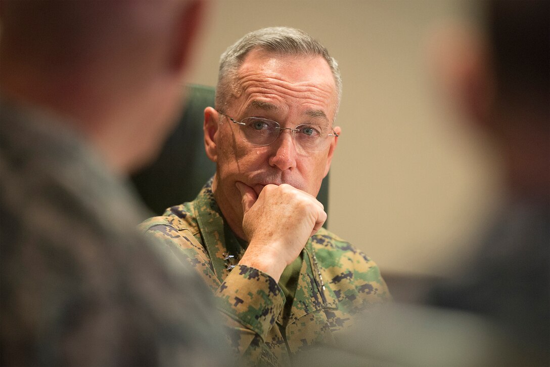 U.S. Marine Corps Gen. Joseph F. Dunford Jr., chairman of the Joint Chiefs of Staff, meets with U.S. Army Gen. David M. Rodriguez, commander, U.S. Africa Command, at Africom headquarters in Stuttgart, Germany, Jan. 4, 2016. DoD Photo by Navy Petty Officer 2nd Class Dominique A. Pineiro
