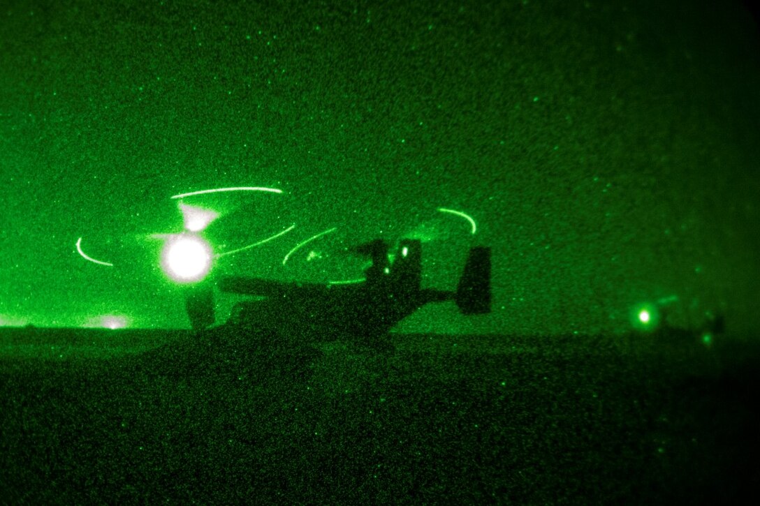 A U.S. Marine Corps MV-22 Osprey assigned to Special Purpose Marine Air-Ground Task Force-Crisis Response-Central Command (SPMAGTF-CR-CC), stages on a hasty landing zone during a tactical recovery of aircraft and personnel (TRAP) exercise at an undisclosed location in Southwest Asia, Dec. 28, 2015. SPMAGTF-CR-CC is ready to respond to any crisis response mission in theater to include the employment of a TRAP force. (U.S. Marine Corps photo by Lance Cpl. Clarence Leake/Released)