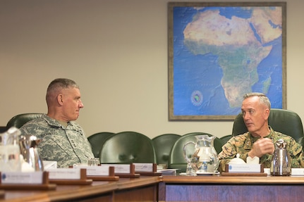 U.S. Marine Corps Gen. Joseph F. Dunford Jr., right, chairman of the Joint Chiefs of Staff, meets with U.S. Army Gen. David M. Rodriguez, commander, U.S. Africa Command, at Africom headquarters in Stuttgart, Germany, Jan. 4, 2016. DoD photo by Navy Petty Officer 2nd Class Dominique A. Pineiro