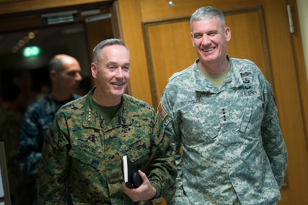 U.S. Marine Corps Gen. Joseph F. Dunford Jr., left, chairman of the Joint Chiefs of Staff, meets with U.S. Army Gen. David M. Rodriguez, commander, U.S. Africa Command, at Africom headquarters in Stuttgart, Germany, Jan. 4, 2016. DoD photo by Navy Petty Officer 2nd Class Dominique A. Pineiro