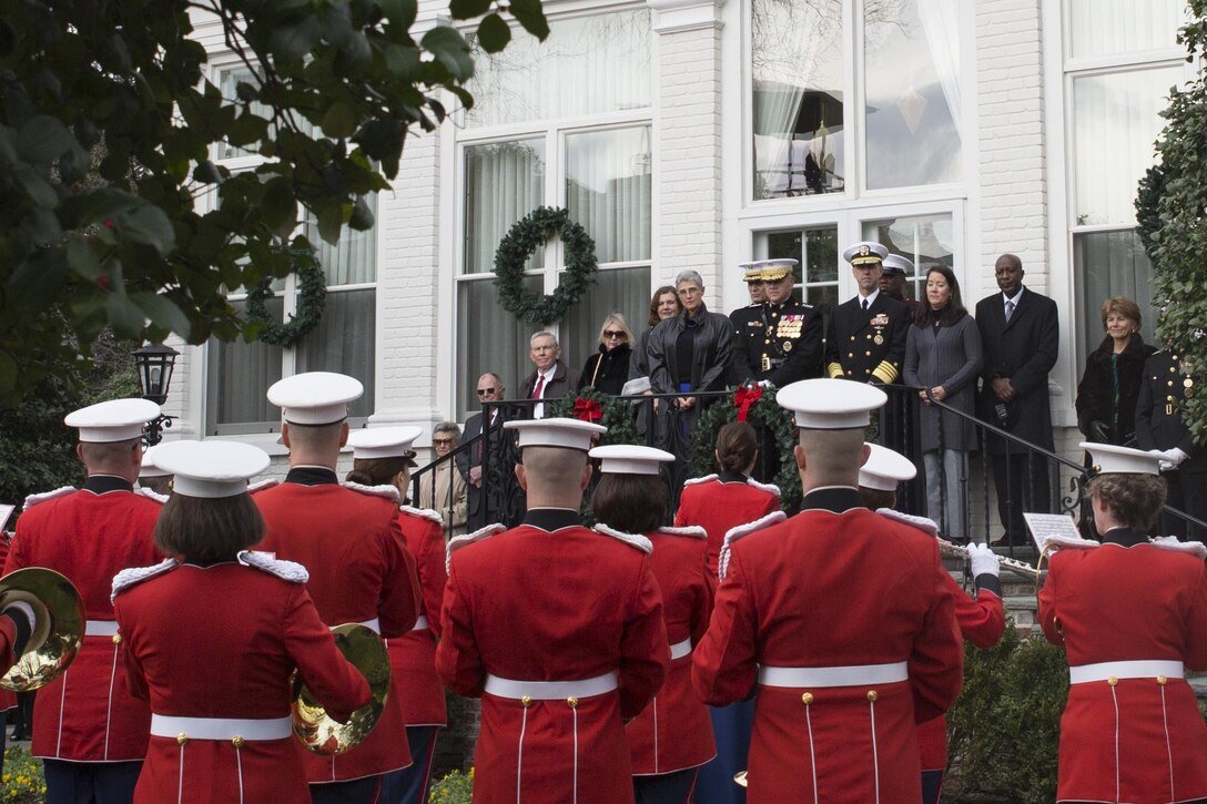 The U.S. Marine Band performs the annual New Year’s Day serenade at Home of the Commandants, Marine Barracks Washington, D.C., Jan. 1, 2016. The serenade is a tradition that has been kept since the days of the Civil War. (Official U.S. Marine Corps Photo by Cpl. Chi Nguyen/Released)