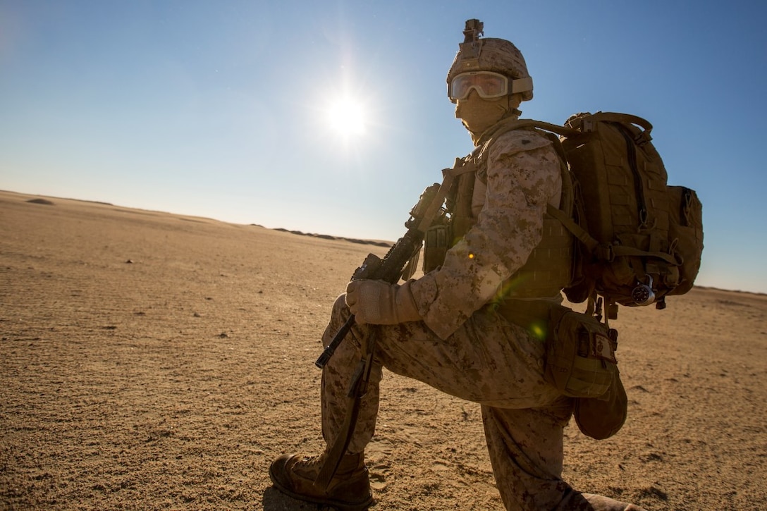 U.S. Marine Corps Cpl. Tyler Huey, squad leader, with Charlie Company, 1st Battalion, 7th Marine Regiment, Special Purpose Marine Air-Ground Task Force-Crisis Response-Central Command, provides security during a tactical recovery of aircraft and personnel exercise at an undisclosed location in Southwest Asia, Dec. 28, 2015. SPMAGTF-CR-CC is ready to respond to any crisis response mission in theater to include the employment of a TRAP force. 