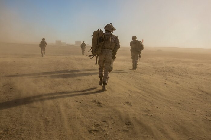 U.S. Marines with 1st Battalion, 7th Marine Regiment, Special Purpose Marine Air-Ground Task Force-Crisis Response-Central Command (SPMAGTF-CR-CC), patrol during a tactical recovery of aircraft and personnel (TRAP) exercise at an undisclosed location in Southwest Asia, Dec. 28, 2015. SPMAGTF-CR-CC is ready to respond to any crisis response mission in theater to include the employment of a TRAP force. (U.S. Marine Corps photo by Lance Cpl. Clarence Leake/Released)