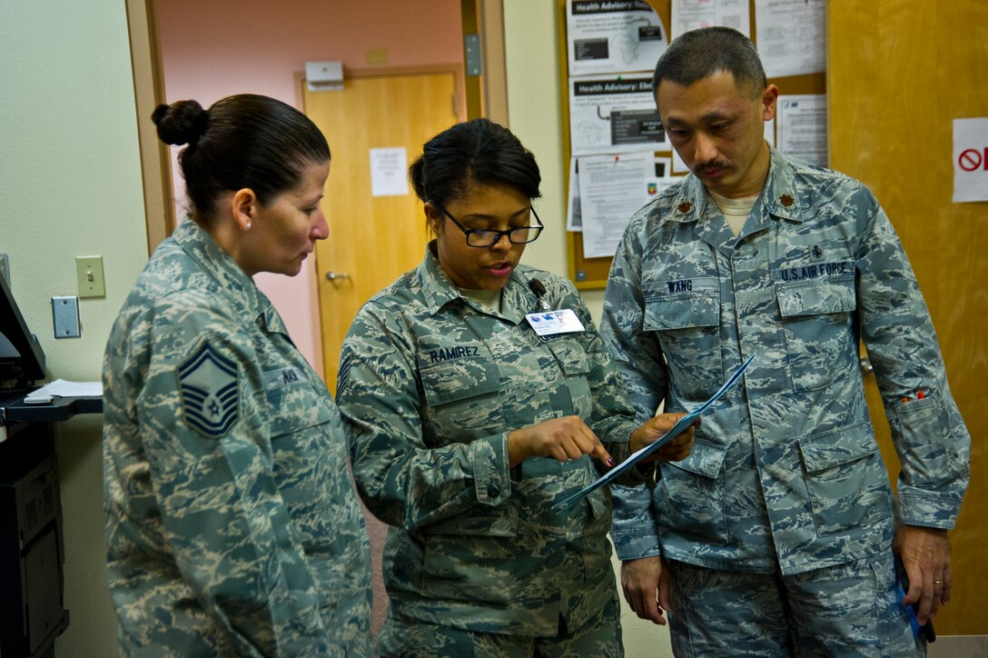 NELLIS AIR FORCE BASE, Nev. -- (Center) Tech. Sgt. Tiffany Ramirez, 926th Aerospace Medical Squadron, describes the unit's Physical Health Assessment process to Air Force Reserve Command's evaluation team here Dec. 5. The team conducted a site visit to determine if the 926th AMDS has the right support and infrastructure to begin the transition to using the electronic records system. (U.S. Air Force photo/Senior Airman Brett Clashman)