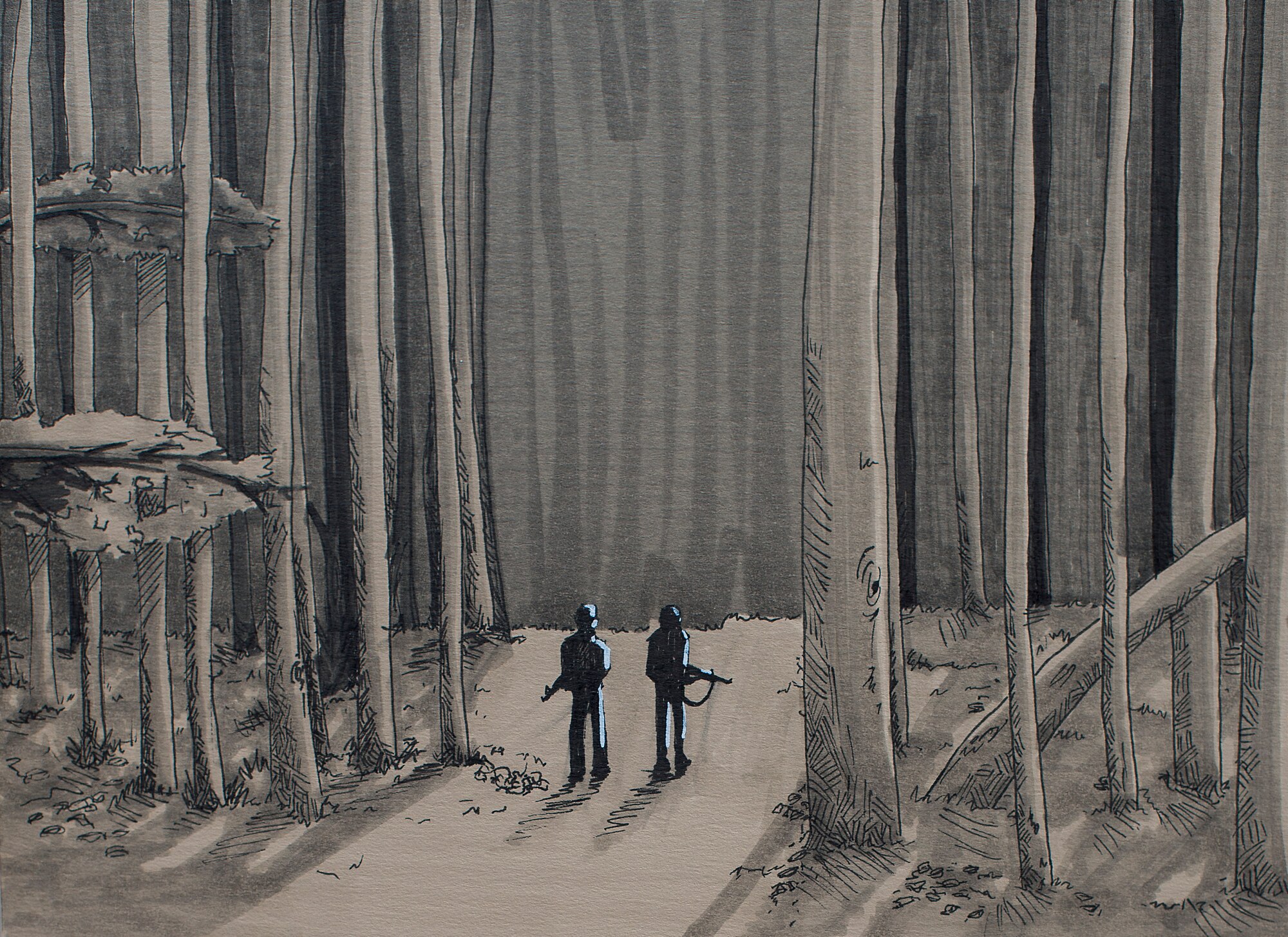 Survive Evasion Resistance and Escape augmentees search for aircrew members during combat survival training. These augmentees come from many different specialties and make time to volunteer to support the SERE instructors stationed at Ramstein Air Base, Germany, who conduct refresher training for more than 500 people annually. (U.S. Air Force illustration/Senior Airman Damon Kasberg) 