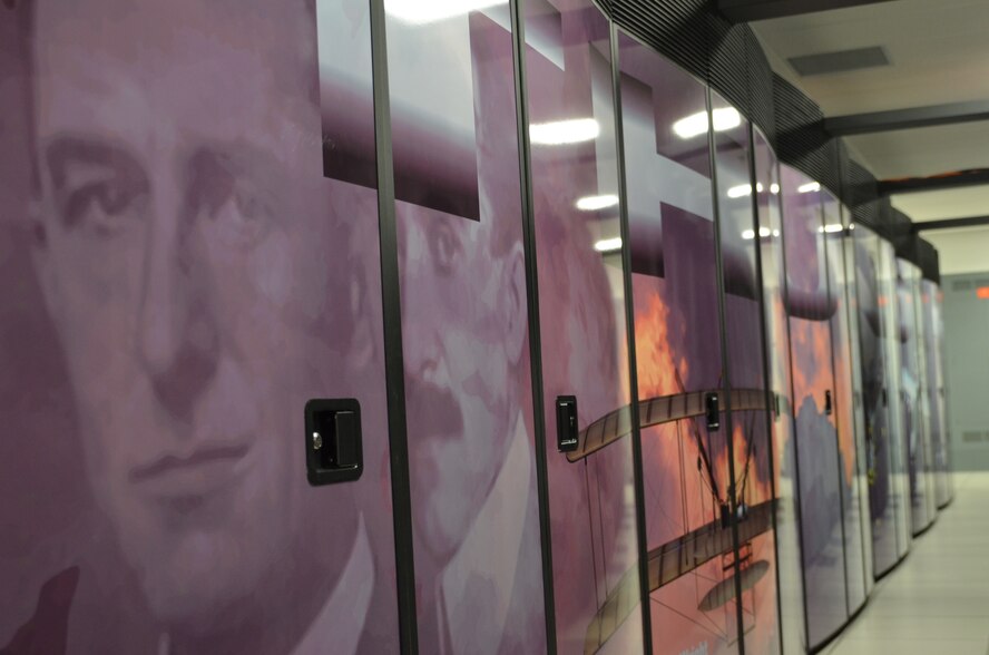 A Wright Flyer and images of aviation pioneers Wilbur and Orville Wright are
featured on the newest Department of Defense supercomputer, Thunder,
operated by the Air Force Research Laboratory at Wright-Patterson Air Force
Base, Ohio.  Research in advanced computing and man-machine teaming are
envisioned as vital to future DoD capabilities. (U.S. Air Force photo / Derek Hardin)