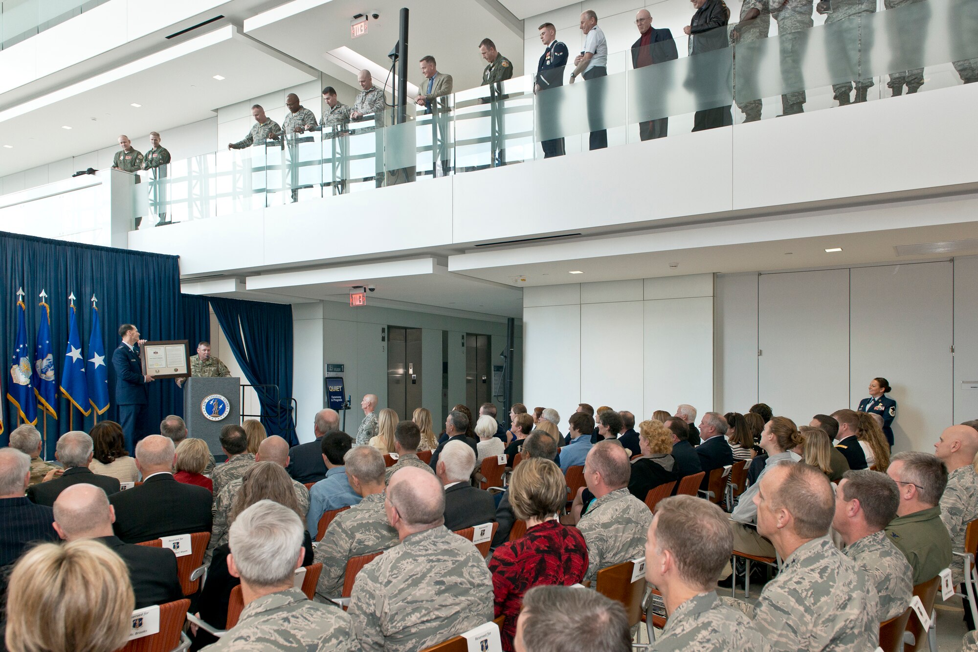Army Maj. Gen. Perry G. Smith, Alabama Adjutant General, presents the Colonel William Oats Award to Lt. Gen. Stanley E. Clarke III at the ANG Readiness Center at Joint Base Andrews, Md., December 18. 2015. Clarke is the 15th director of the Air National Guard and retired after 34 years of service. (Air National Guard photo by Master Sgt. Marvin R. Preston/Released)