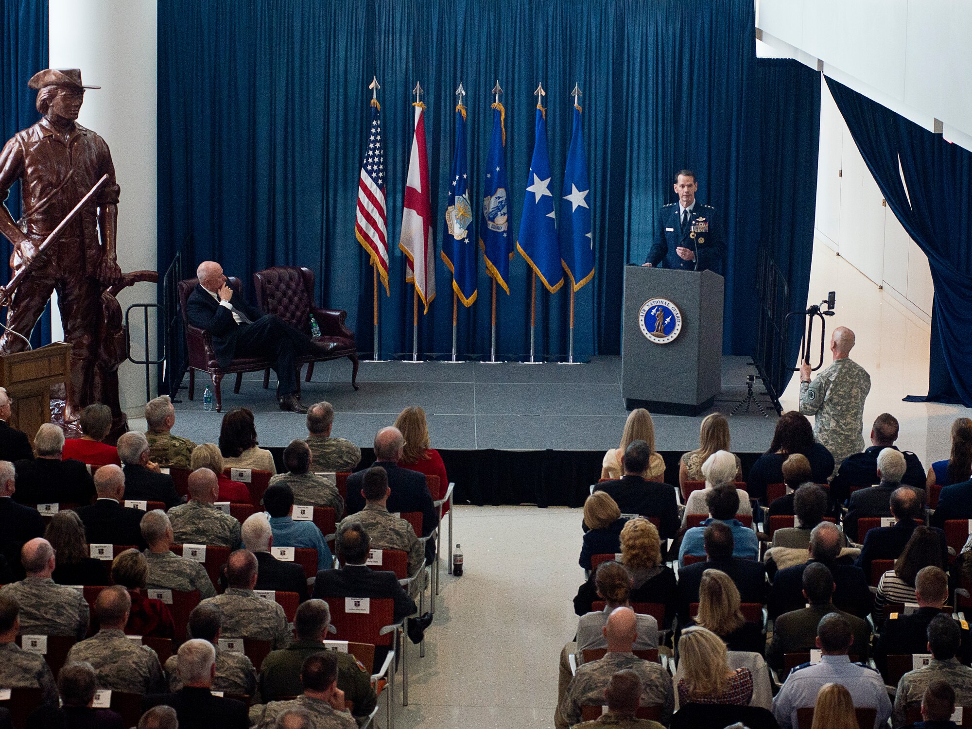 Lt. Gen. Stanley E. Clarke, III, Air National Guard director, delivers remarks during his retirement ceremony held at the Air National Guard Readiness Center on Joint Base Andrews, Md., December 18, 2015. Clarke is the 15th ANG director, and has served in that position since March, 2013. (U.S. Air National Guard photo by Staff Sgt. John E. Hillier/Released)