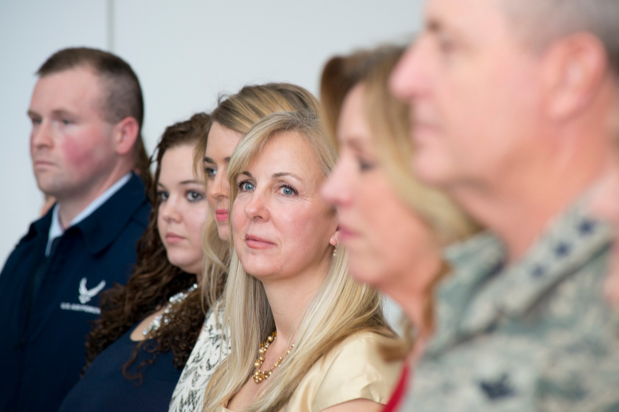 Rebecca Weaver Clarke, listens while her spouse, Lt. Gen. Stanley E. Clarke III is honored during his retirement ceremony at the Air National Guard Readiness Center, Joint Base Andrews, Md., December 18. 2015. Clarke is the 15th director of the ANG and retired after 34 years of service. (Air National Guard photo by Master Sgt. Marvin R. Preston/Released)