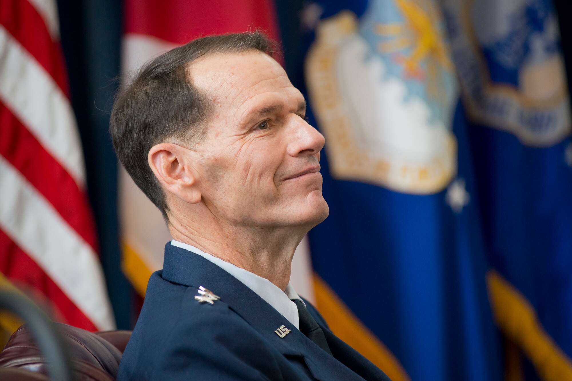Lt. Gen. Stanley E. Clarke III listens while retired Air Force Chief of Staff Gen. T. Michael Moseley reflects on Clarke’s career during the former’s retirement ceremony at the Air National Guard Readiness Center, Joint Base Andrews, Md., December 18, 2015. Clarke is the 15th director of the Air National Guard. Clarke is the 15th director of the ANG and retired after 34 years of service. (Air National Guard photo by Master Sgt. Marvin R. Preston/Released)