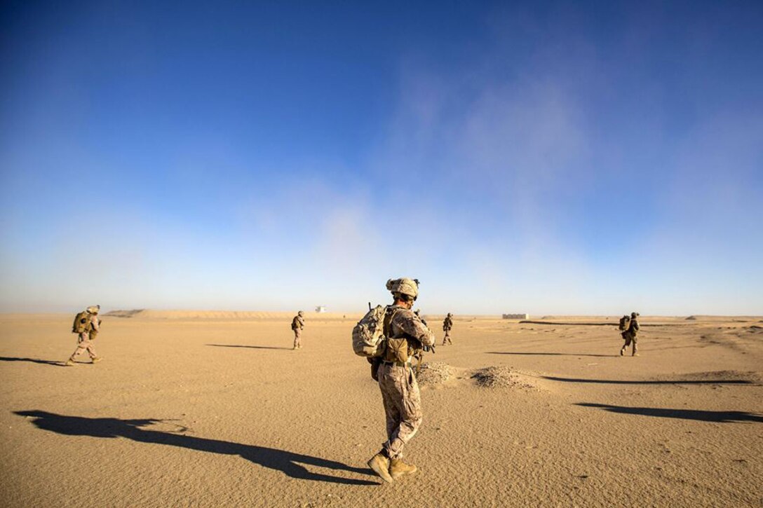 U.S. Marines patrol during a tactical exercise at an undisclosed location in Southwest Asia, Dec. 28, 2015. The Marines are assigned to the 1st Battalion, 7th Marine Regiment, Special Purpose Marine Air-Ground Task Force-Crisis Response-Central Command. U.S. Marine Corps photo by Lance Cpl. Clarence Leake