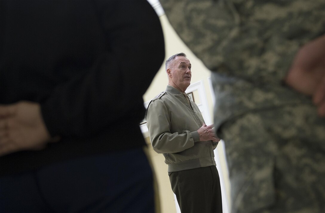 U.S. Marine Corps Gen. Joseph F. Dunford Jr., chairman of the Joint Chiefs of Staff, talks with U.S. Ambassador to Turkey John R. Bass at the U.S. Embassy in Ankara, Turkey, Jan. 5, 2016. DoD photo by Navy Petty Officer 2nd Class Dominique A. Pineiro