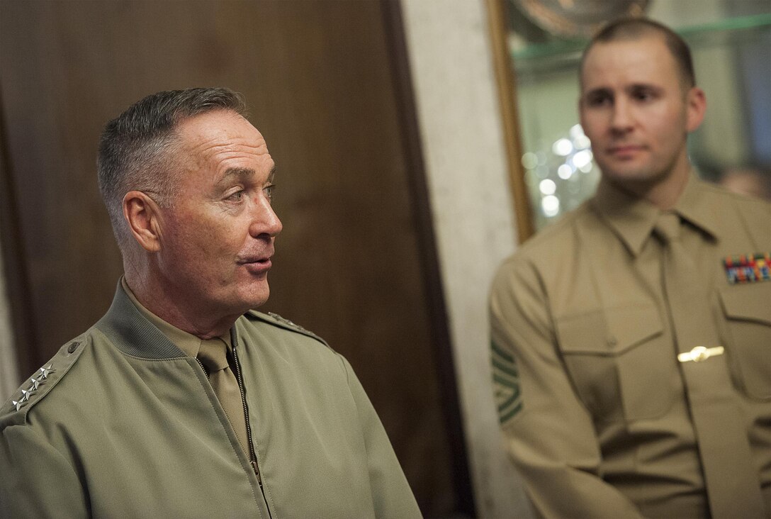 U.S. Marine Corps Gen. Joseph F. Dunford Jr., chairman of the Joint Chiefs of Staff, meets with Marine Corps security guards assigned to the U.S. Embassy in Ankara, Turkey, Jan. 5, 2016. DoD photo by Navy Petty Officer 2nd Class Dominique A. Pineiro