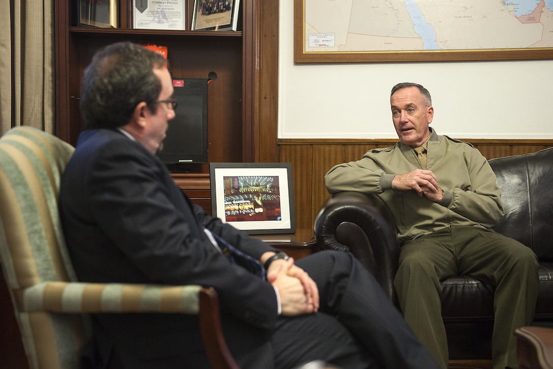 U.S. Marine Corps Gen. Joseph F. Dunford Jr., chairman of the Joint Chiefs of Staff, meets with U.S. Ambassador to Turkey John R. Bass at the U.S. Embassy in Ankara, Turkey, Jan. 5, 2016. DoD photo by Navy Petty Officer 2nd Class Dominique A. Pineiro