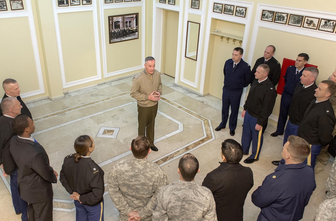U.S. Marine Corps Gen. Joseph F. Dunford Jr., chairman of the Joint Chiefs of Staff, talks with service members assigned to the Office of Defense Cooperation in Ankara, Turkey, Jan. 5, 2016. DoD photo by Navy Petty Officer 2nd Class Dominique A. Pineiro