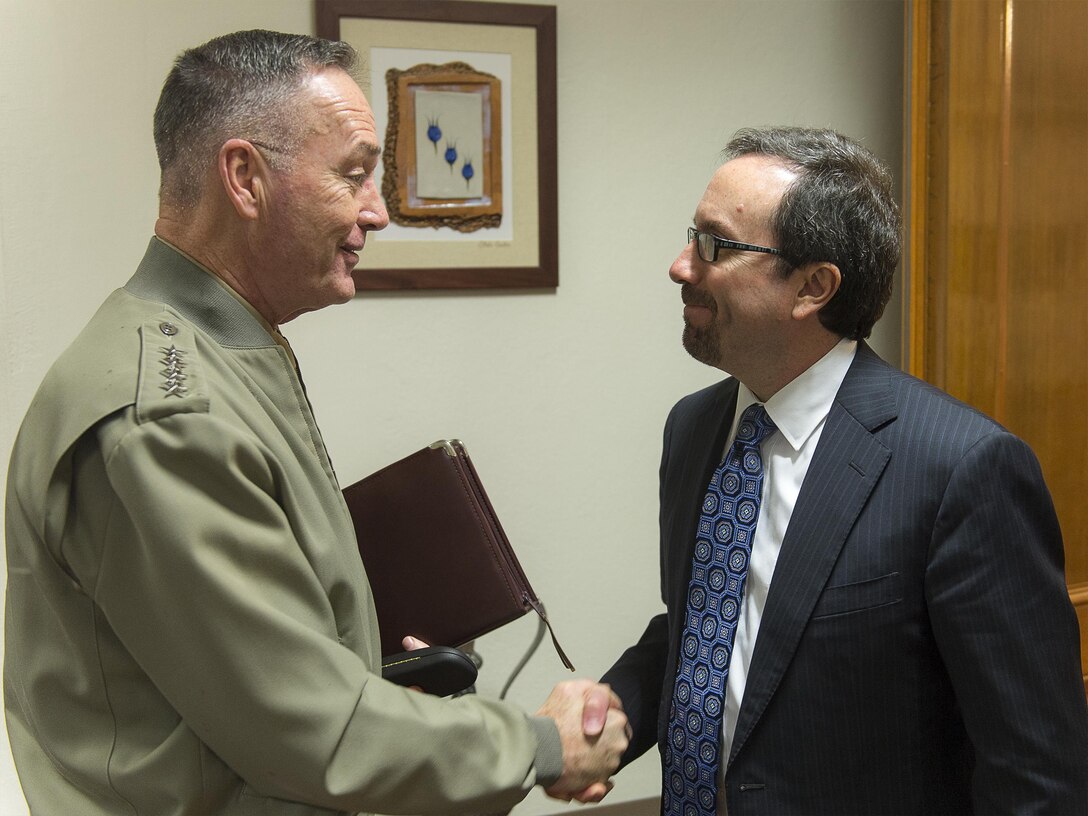 U.S. Marine Corps Gen. Joseph F. Dunford Jr., chairman of the Joint Chiefs of Staff, meets with U.S. Ambassador to Turkey John R. Bass at the U.S. Embassy in Ankara, Turkey, Jan. 5, 2016. DoD photo by Navy Petty Officer 2nd Class Dominique A. Pineiro