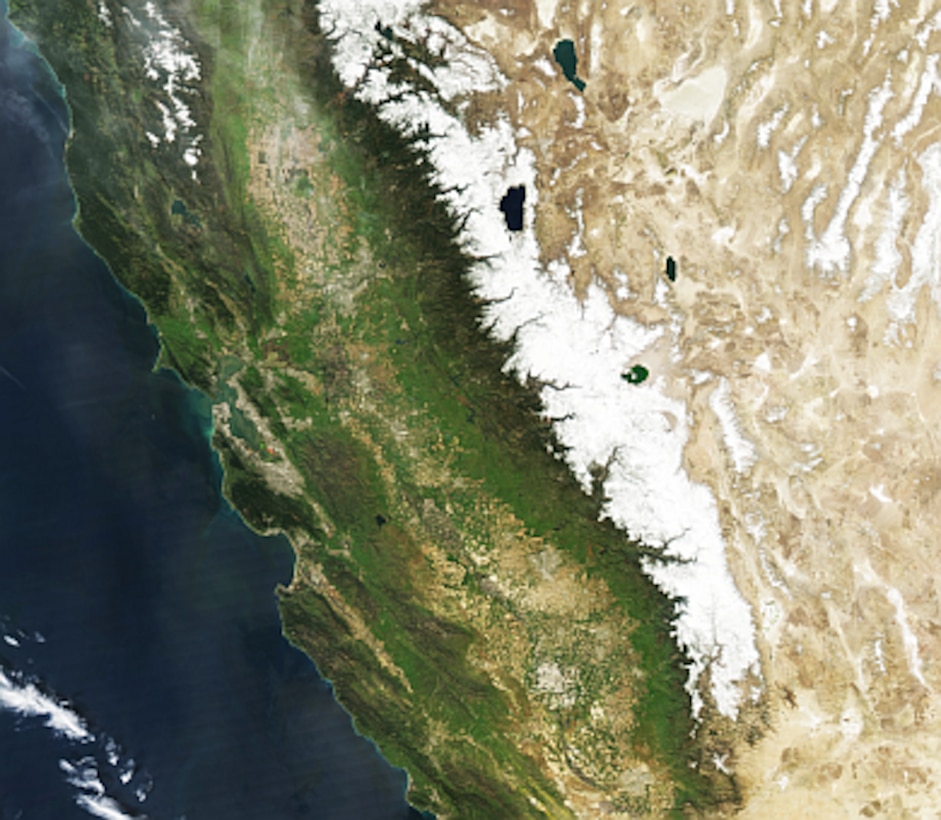 Synergy between the U.S. Army Corps of Engineers, the California Department of Water Resources and local government leaders is powering a unified vision to lower flood risk, restore ecosystems and aid water conservation in California’s Central Valley. Photo of Sierra Nevada Mountains, NASA, March 2015.