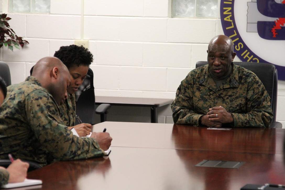 The Sergeant Major of the Marine Corps, Sgt. Maj. Ronald L. Green, speaks with Marines during a Jan. 5 visit to 9th Marine Corps District, Great Lakes, Ill. The sergeant major visited service members with Midwest Marines and Navy  Recruit Training Command on his way back to Washington, D.C., from the Semper Fidelis All-American Bowl. 
