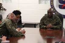 The Sergeant Major of the Marine Corps, Sgt. Maj. Ronald L. Green, speaks with Marines during a Jan. 5 visit to 9th Marine Corps District, Great Lakes, Ill. The sergeant major visited service members with Midwest Marines and Navy  Recruit Training Command on his way back to Washington, D.C., from the Semper Fidelis All-American Bowl. 
