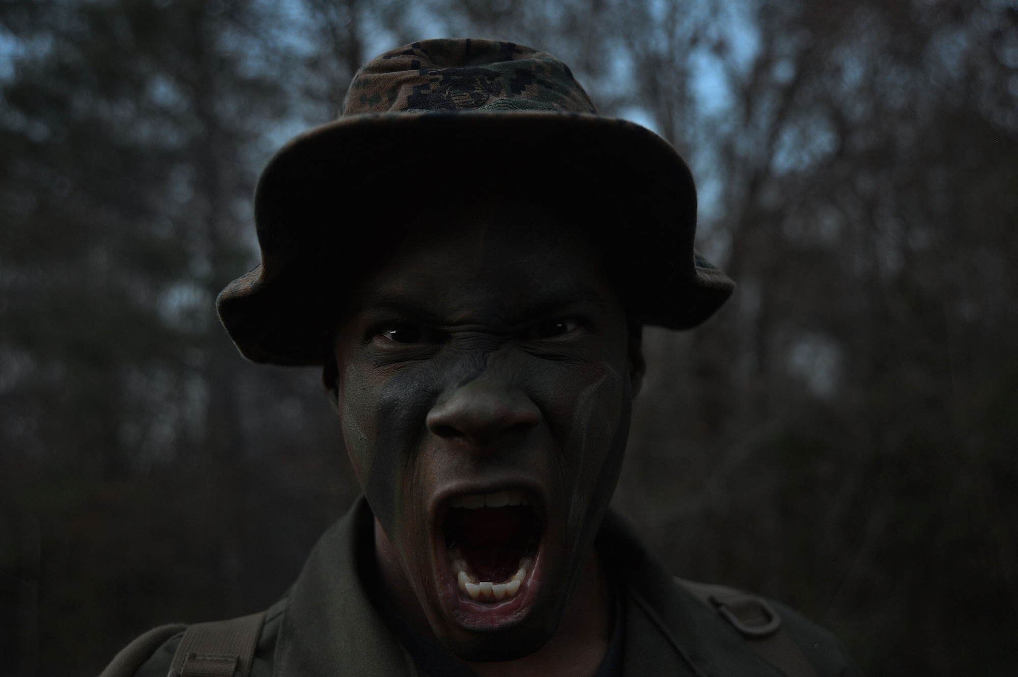 A U.S. Marine assigned to Marine Aviation Logistics Squadron 31 stationed at Marine Corps Air Station Beaufort, S.C., lets out a war-cry before engaging the enemy at Poinsett Electronic Combat Range, Wedgefield, S.C., Dec. 10, 2015. Throughout the week, Marines assigned to MALS 31 acted as a Red Cell team, engaging and testing the reactions of the Marine Wing Support Squadron 273’s security team. (U.S. Air Force photo by Senior Airman Michael Cossaboom)